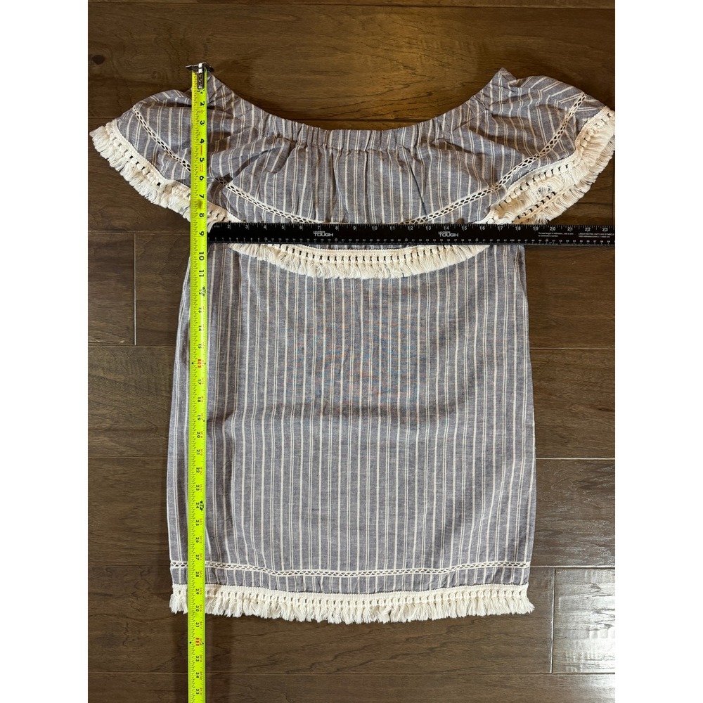 1.STATE Womens Blue White Striped Linen Cotton Off Shoulder Fringe Top Medium‎ - Picture 4 of 5